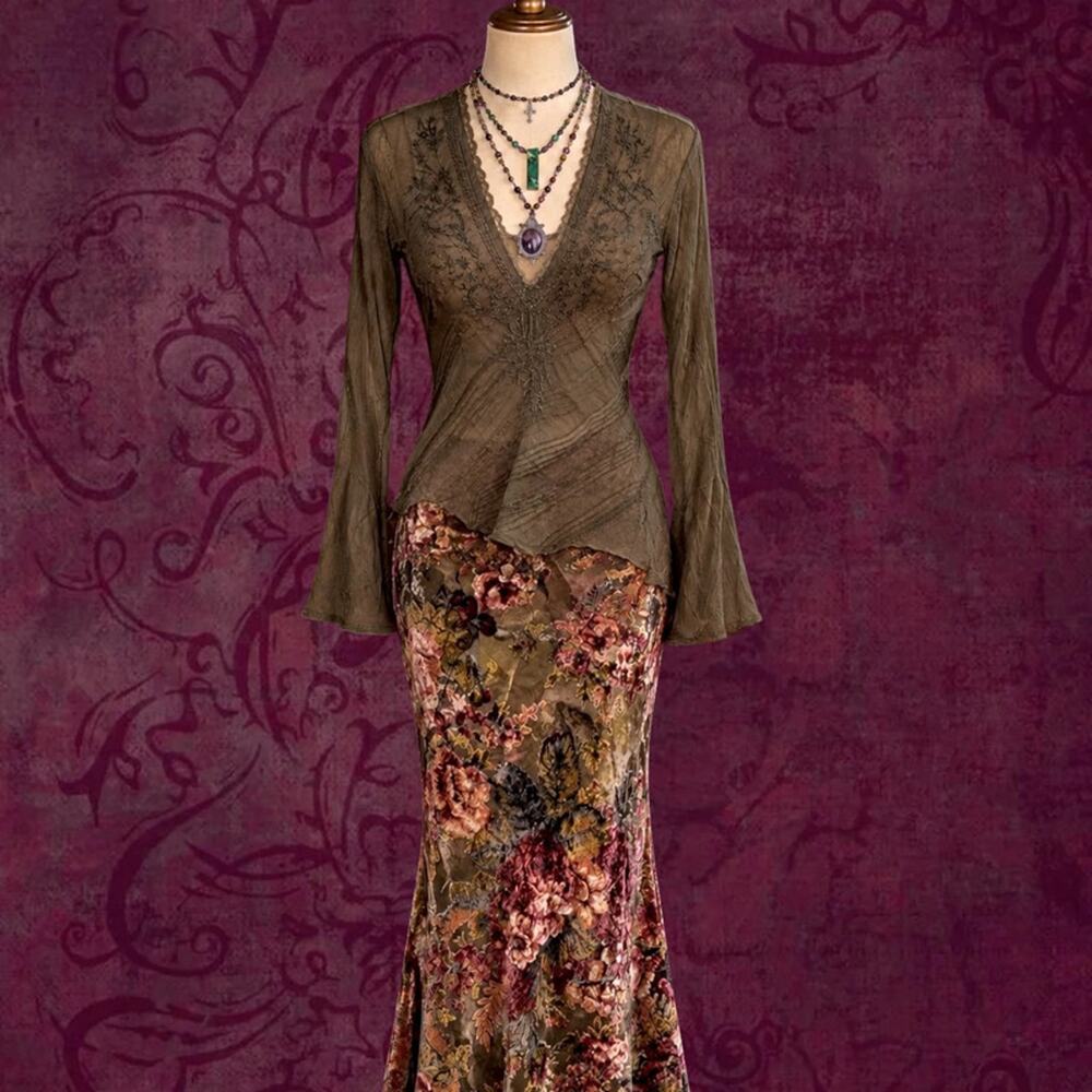 Sheer Olive Embroidered Bell Sleeve Tie Back Top Whimsigoth Small